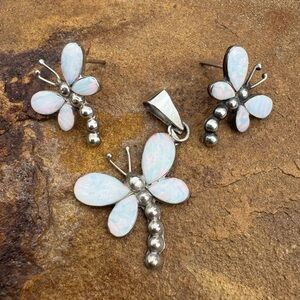 Sterling Silver & Opal Dragonfly Earrings & Pendant